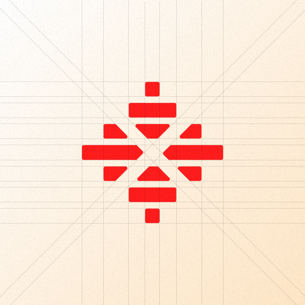 Maestro logo in red on beige, with its construction grid